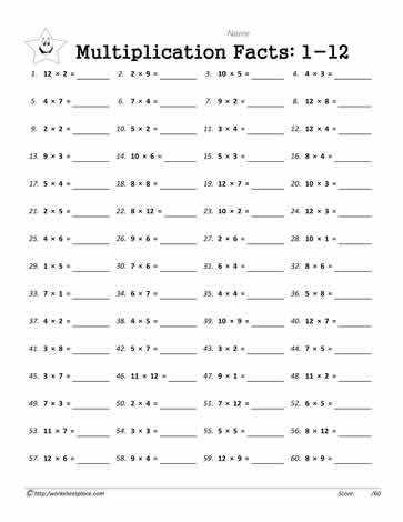 Multiplication Facts 1-12 Worksheets