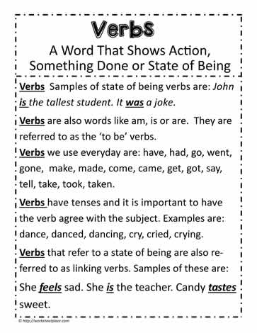 verb poster being state verbs action worksheets worksheetplace samples words done something show