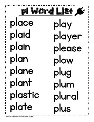 Pl word study lists, play, plug, plan etc.