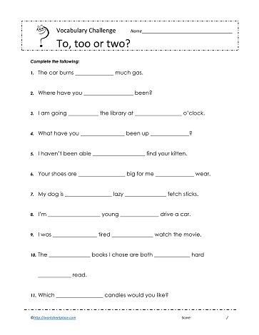 To, to or two Worksheets