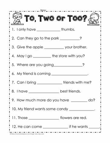 To Too or Two Worksheets