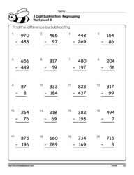 3 Digit Subtraction with Borrowing Worksheets