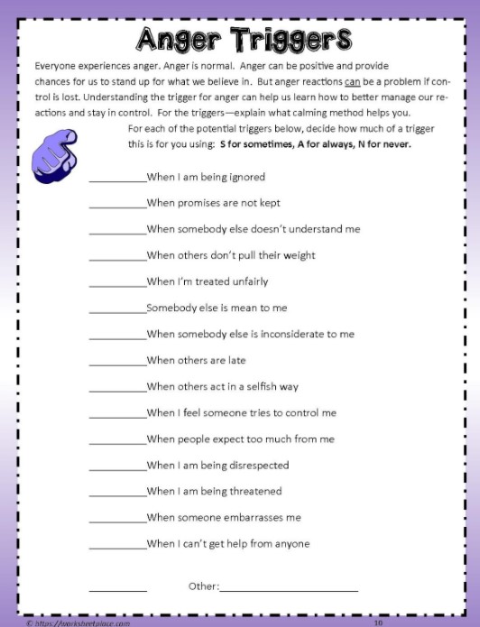 What Triggers Your Anger Worksheets