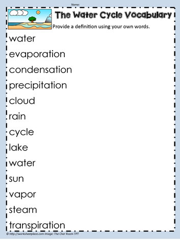 Printable Water Cycle Vocabulary Worksheet