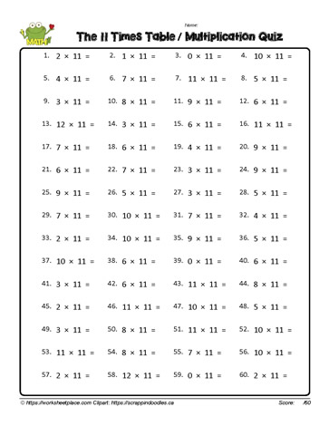 Multiplication Fact Worksheet for 11