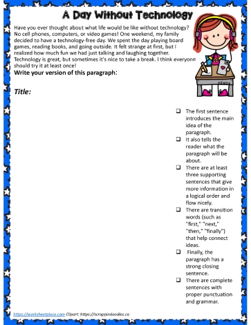 4th Grade Mentor Paragraph No Tech Day Worksheets