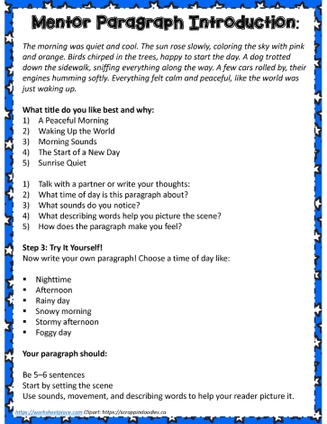 4th Grade Mentor Paragraph Intro Worksheets