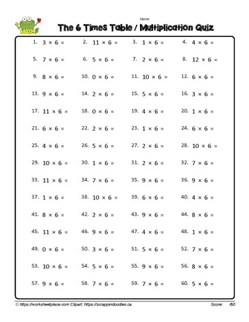 Multiplication Fact Worksheet for 6