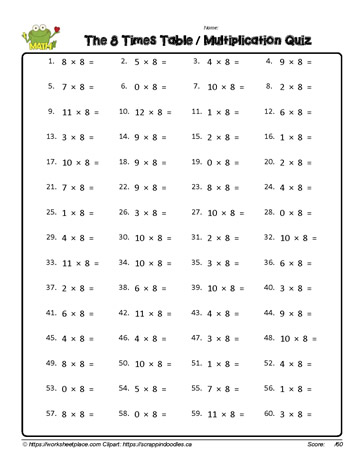 Multiplication Fact Worksheet for 8