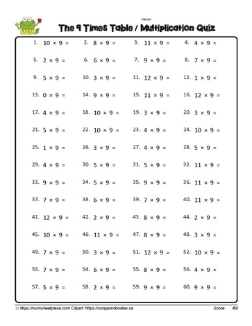 Multiplication Fact Worksheet for 9
