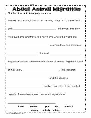 Animal Migration Fill in the Blanks Worksheets