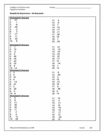 Answers for Adding Integers Worksheets