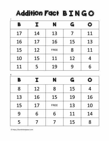 Addition Bingo Cards 7-8