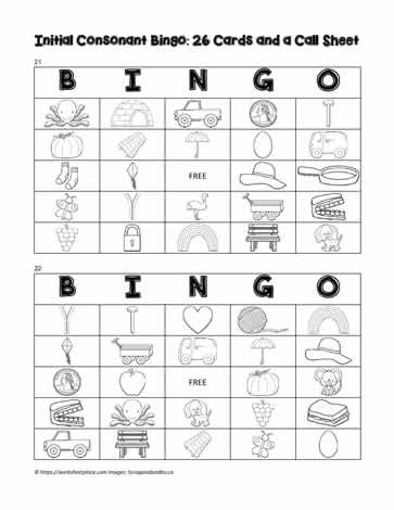 Initial Consonants Bingo Cards 21-22