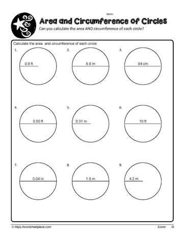 Area and Circumference of Circles cm Worksheets