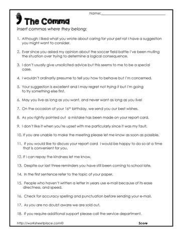Add the Missing Commas Worksheets