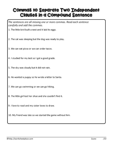Compound Sentence Comma 12 Worksheets