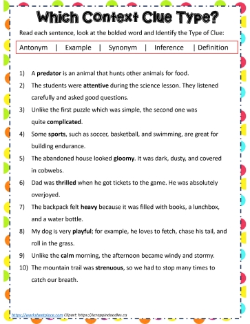 Context Clue Type Worksheets