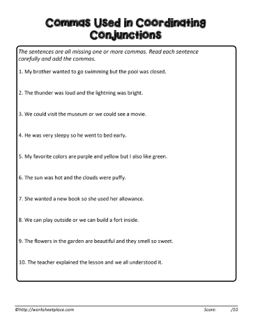 Commas With Coordinating Conjunctions Worksheets