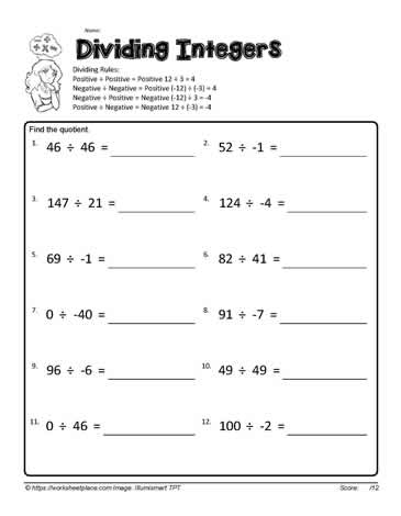 integers worksheet grade 7