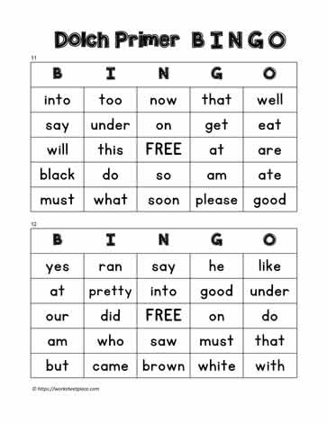 Dolch Primer Bingo Cards 11-12