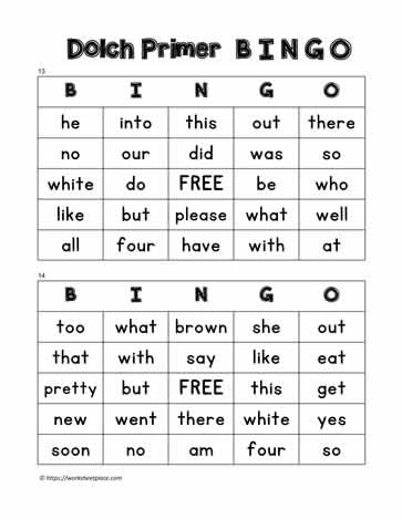 Dolch Primer Bingo Cards 13-14