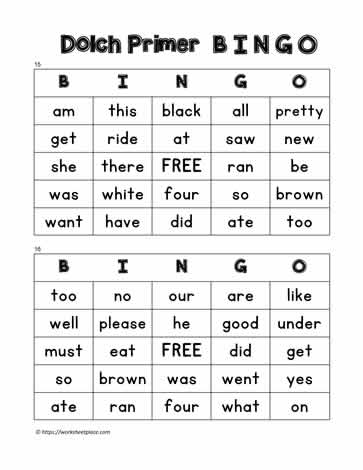 Dolch Primer Bingo Cards 15-16