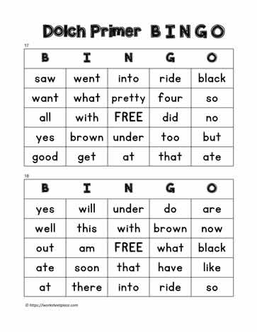 Dolch Primer Bingo Cards 17-18