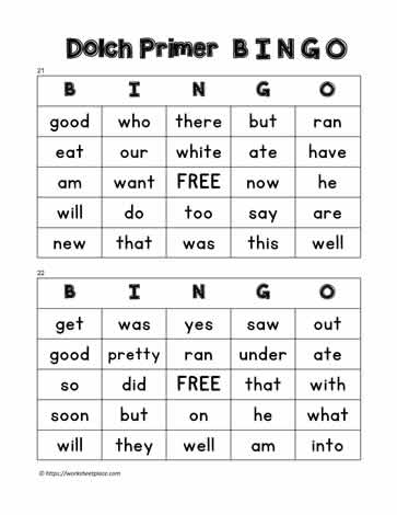 Dolch Primer Bingo Cards 21-22