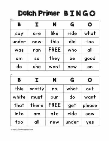 Dolch Primer Bingo Cards 23-24