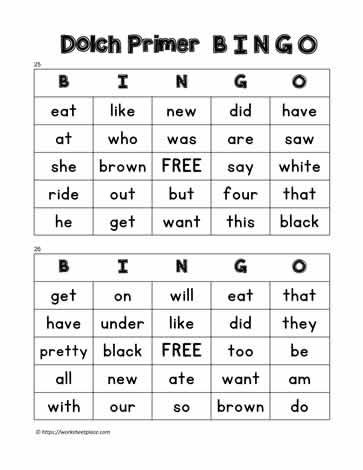 Dolch Primer Bingo Cards 25-26