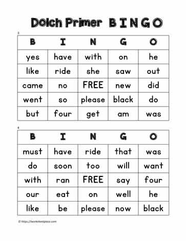 Dolch Primer Bingo Cards 3-4