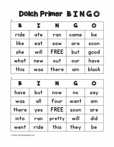 Dolch Primer Bingo Cards 5-6