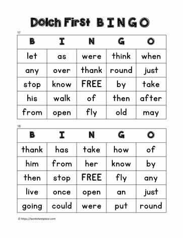Dolch First Bingo Cards 17-18