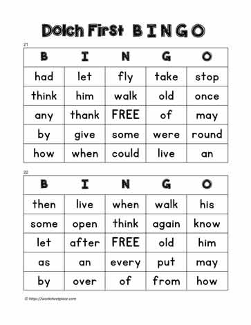 Dolch Bingo Cards 21-22