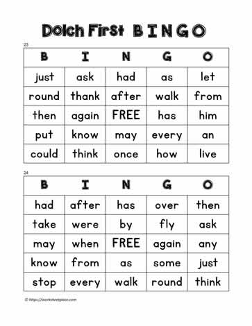 Dolch First Bingo Cards 23-24