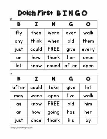 Dolch First Bingo Cards 27-28