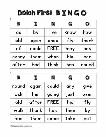 Dolch First Bingo Cards 5-6