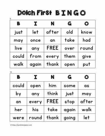 Dolch First Bingo Cards 9-10