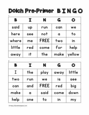 Dolch Pre-primer Bingo Cards 1-2