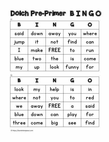 Dolch Pre-primer Bingo Cards 11-12
