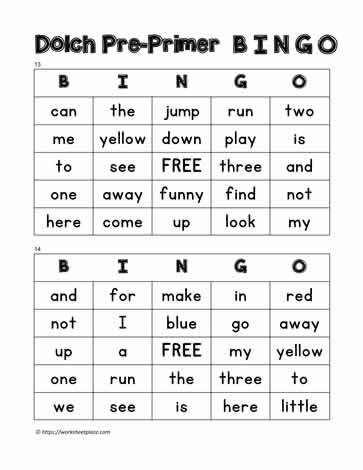 Dolch Pre-primer Bingo Cards 13-14