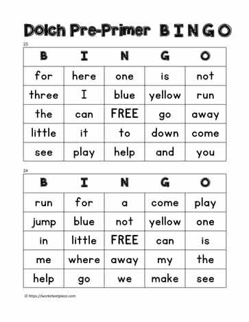 Dolch Pre-primer Bingo Cards 23-24