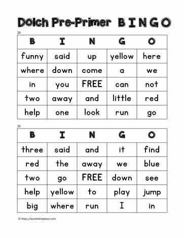 Dolch Pre-primer Bingo Cards 29-30