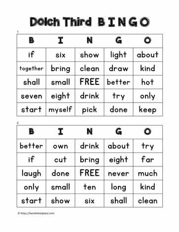 Dolch Third Bingo Cards 1-2
