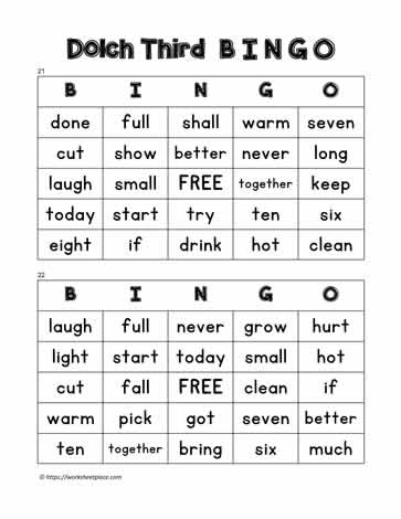 Dolch Third Bingo Cards 21-22