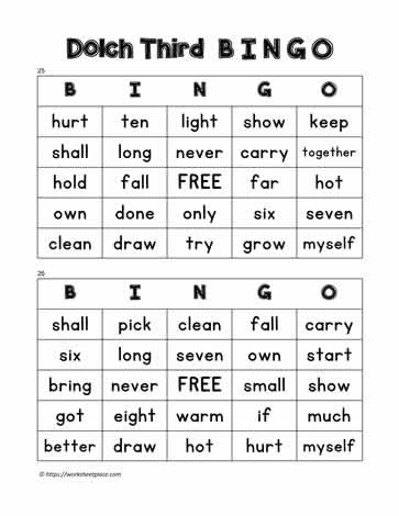 Dolch Third Bingo Cards 25-26