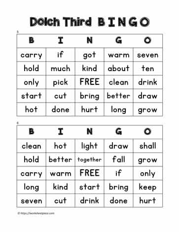 Dolch Third Bingo Cards 5-6