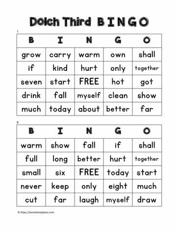 Dolch Third Bingo Cards 7-8