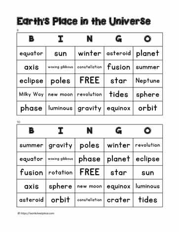 Earth Space Bingo 9-10